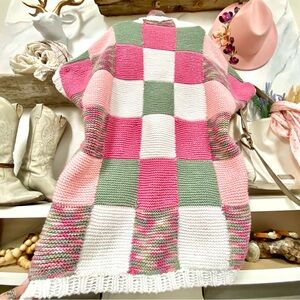 Artisan patchwork boho Sweater cocoon kimono cover up w granny farmhouse vibe